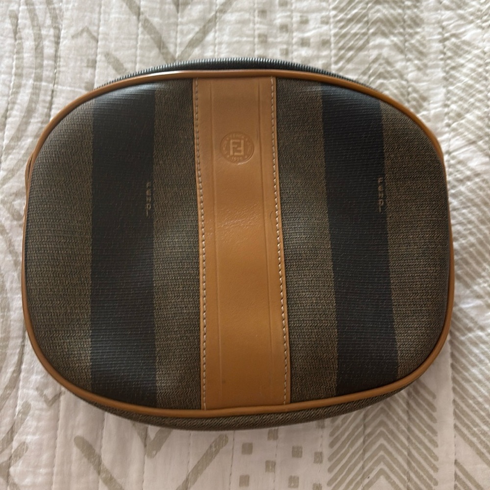 Vintage Fendi Brown & Tan Pequin Stripe Coated Canvas Crossbody Bag purse